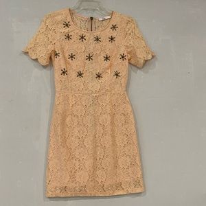 Used but in very good condition lace cocktail dress, length: 32” color: peach